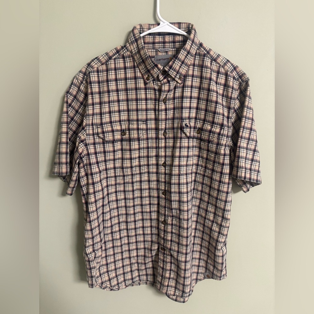 Carhartt Mens Plaid Button Down Short Sleeve 100 % Cotton Shirt Brown Size Large